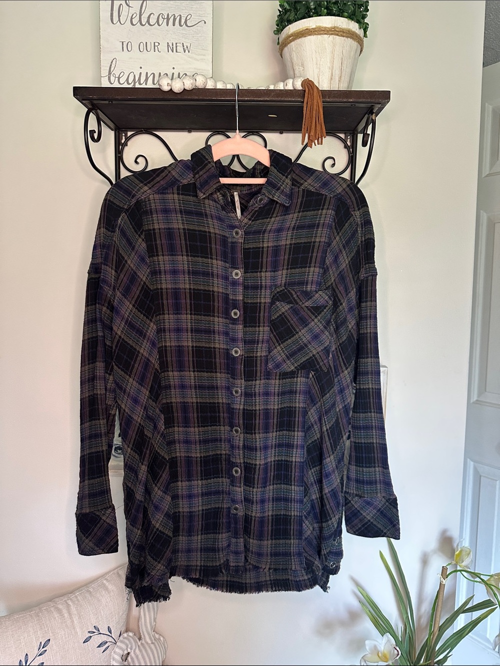 Free People Plaid Button-Up Blouse - Black and Purple